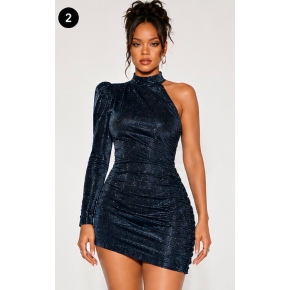 Choosy Navy Blue S Glitter One Shoulder Ruched Mini Dress Y2K Influencer bodycon